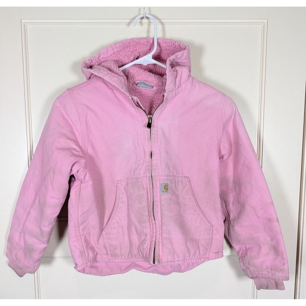 Carhartt Girl's Pink Hooded Jacket Fleece Lined Workwear Size S (7/8) Distressed